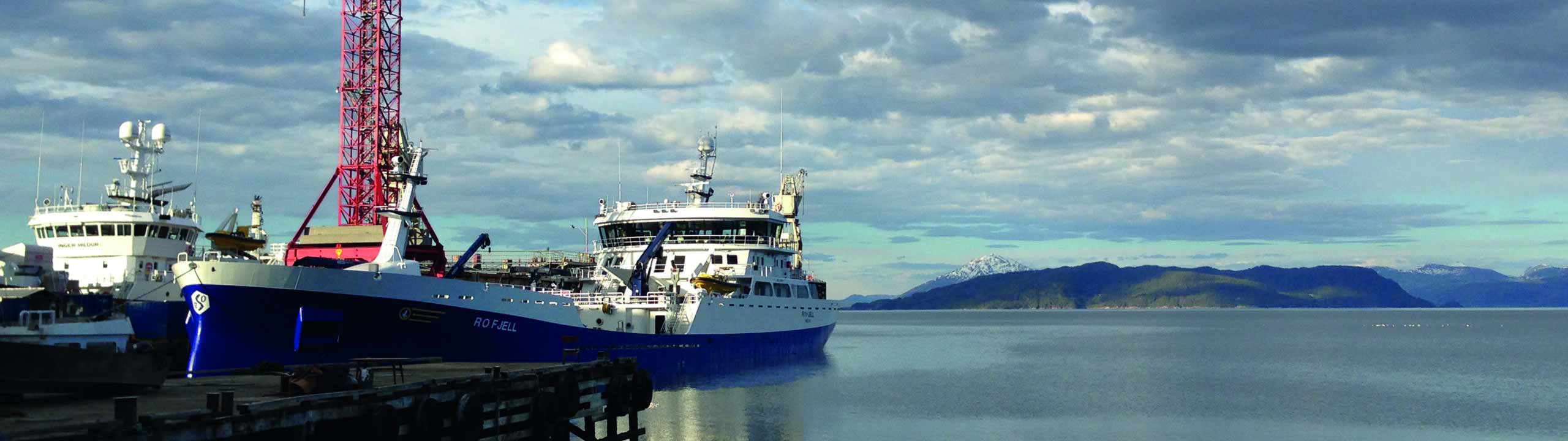 Ein Schiff angelegt am Steg, Kran im Hintergrund